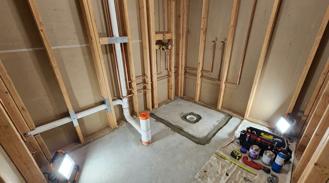 Bathroom rough-in plumbing during remodel by Johns Plumbing LLC in Spearman
