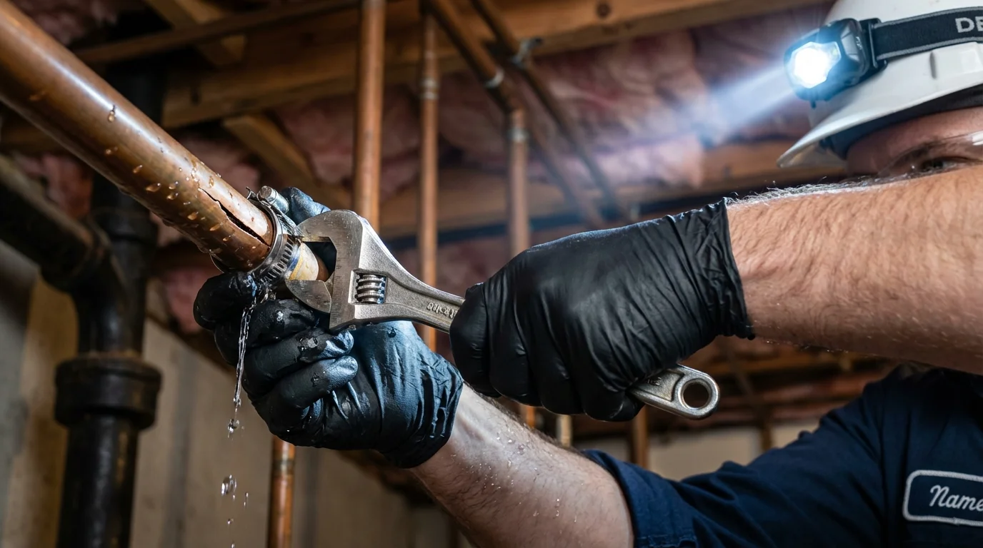 Emergency pipe clamp repair being performed by a Johns Plumbing LLC plumber in Spearman