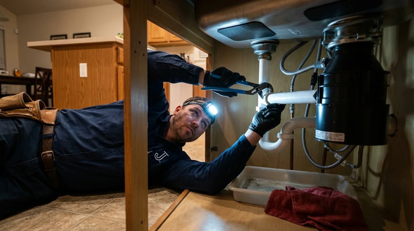 P-trap and supply line connections under a kitchen sink showing a common leak point in Spearman, TX